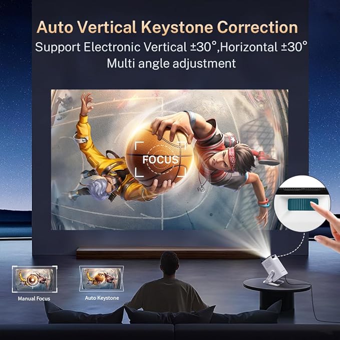Mini Projector with WiFi 6 and Bluetooth 5.4 Built-in Apps Portable Projector Android 11 Auto Keystone 1080P 4K Support for Bedroom Outdoor Compatible with iOS/HDMI/TV Stick VisualCube 300