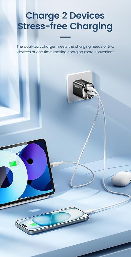 Tron 33W GaN Power Adapter Dual USB-C &amp USB-A Ports Universal Compatibility CNC Aluminum Construction AC 100-240V Input Digital DisplayTR14