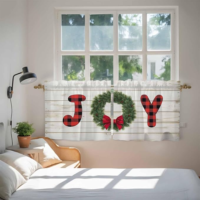 Christmas Wreaths Kitchen Tier Curtains 24 Inch Long 2 Panel Set, Rod Pocket