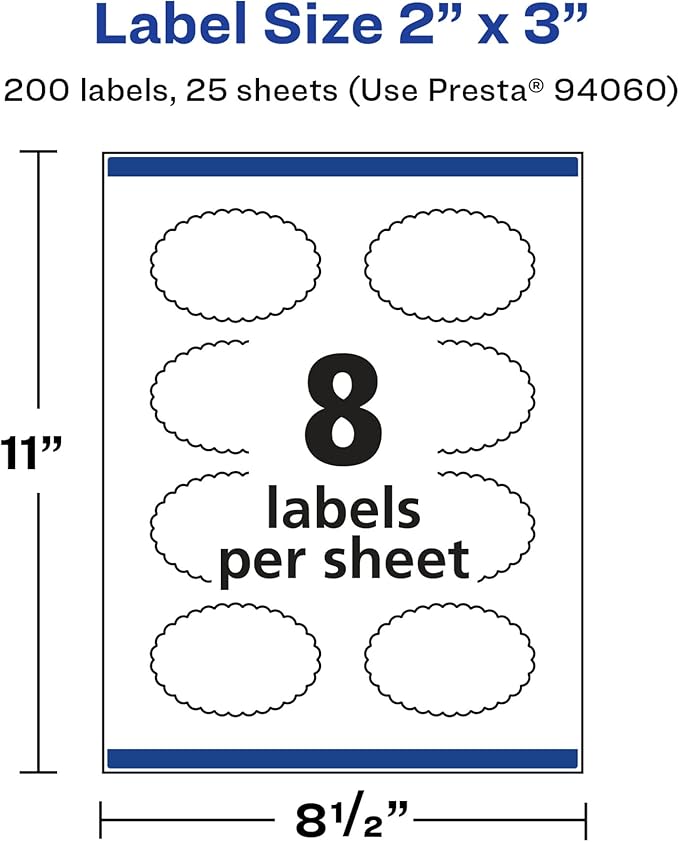 Avery Glossy White Oval Scalloped Labels, Sure Feed Technology, 2" x 3", 200 Glossy White Labels, Print-to-The-Edge, Permanent Adhesive, Laser/Inkjet Printable