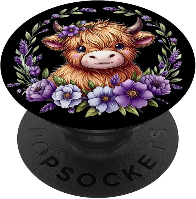 Baby Highland Cow with Purple Flowers Scottish Farm PopSockets Adhesive PopGrip