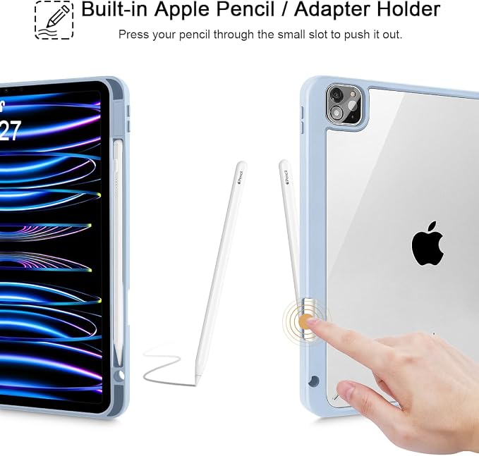 Mektron Case for iPad Pro 11 inch Case M2 2022 Generation 4th Fit 2021 2020 2018 iPad Pro 11 (3rd 2nd &amp 1st Gen) -Buit in Pencil Holder with Shockproof Cover Clear Shell Blue Bows &amp Flower
