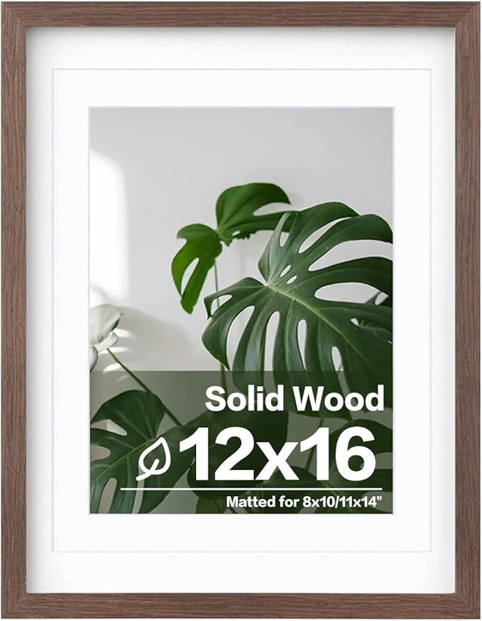Egofine 12x16 Picture Frame Made of Solid Wood with Plexiglass, Display Pictures 9x12/11x14 with Mat or 12x16 Without Mat for Wall Mounting, Rustic Brown