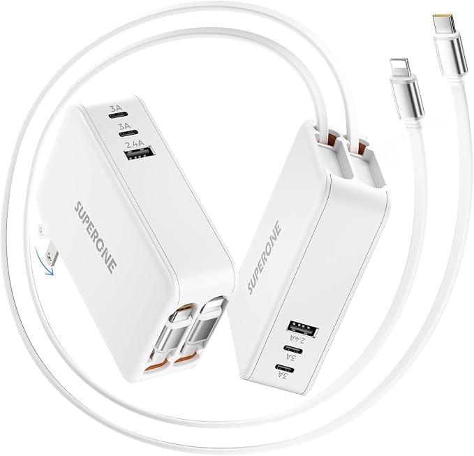 65W Retractable Wall Charger with Dual USB C Cables | 5-Port Charger Block Compact Foldable Power Adapter Fast Charging for MacBook Pro/Air Dell XPS ThinkPad ZenBook iPhone iPad
