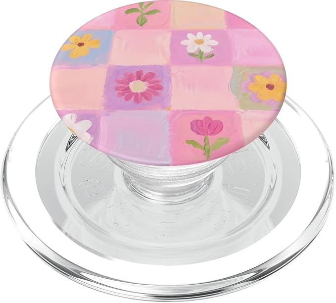 Pink Pastel Floral Check Pattern PopSockets PopWallet for MagSafe