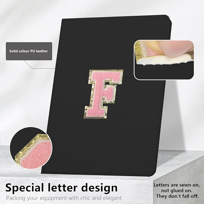 for iPad 9th Generation 10.2 Inch 2021/2020/2019 Case Initial Chenille Letter Suture Personalized for iPad 9th/8th/7th Generation Case with Auto Sleep/Wake Pencil Holder (Black A)