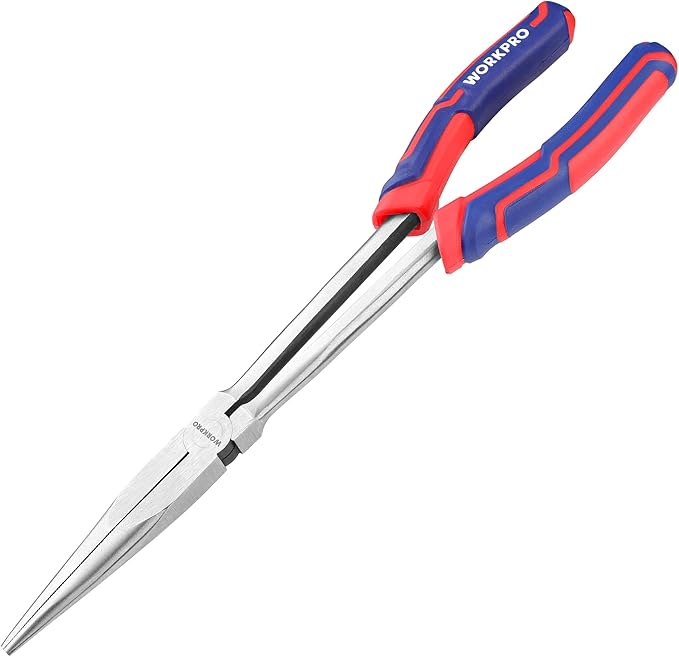 WORKPRO Premium 11” Extra Long Needle Nose Pliers, Paper Clamp Precision, Heavy-Duty CRV Steel, Soft Grip