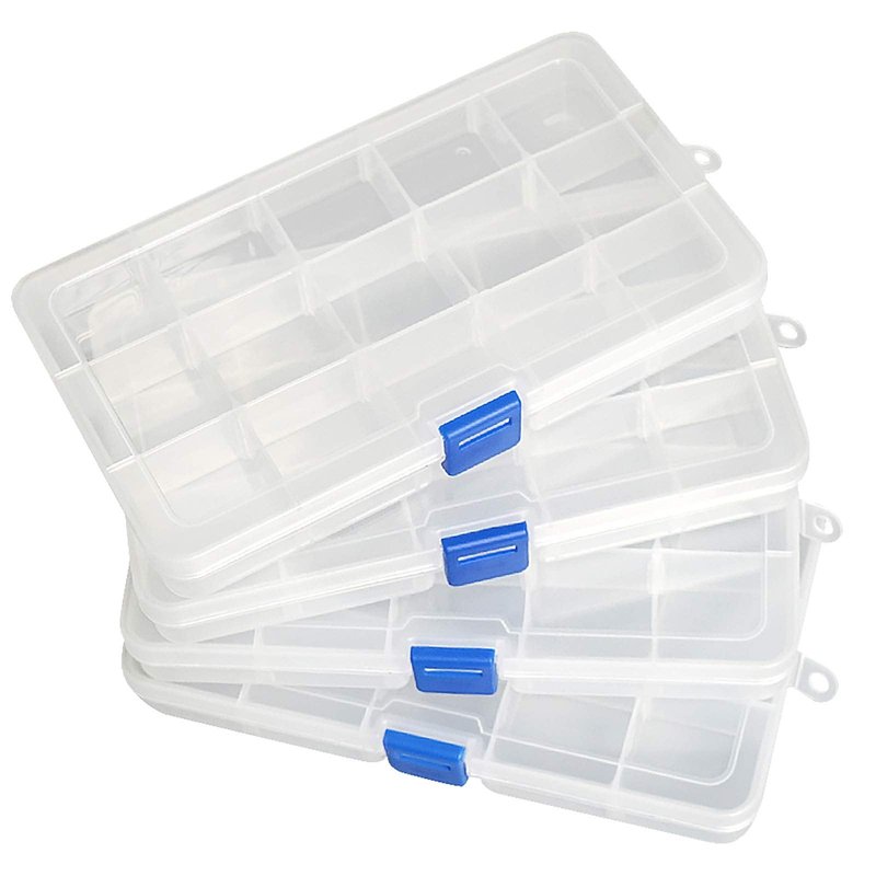 Qualsen 15 Girds Bead Organizer with Adjustable Dividers(4 Pack), Tackle Box Organizer and Small Plastic Organizer Box for Jewelry, Beads, Earrings, Crafts, Screws and Fishing Tackles Small Items