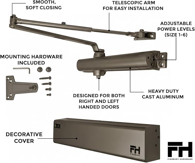 Finsbury Heavy Duty Commercial Door Closer Adjustable Size 1-6, Grade 1 ANSI/BHMA Certified, UL Listed, ADA Compliant, Hydraulic Backcheck & Delayed Action High Traffic (Duronotic)