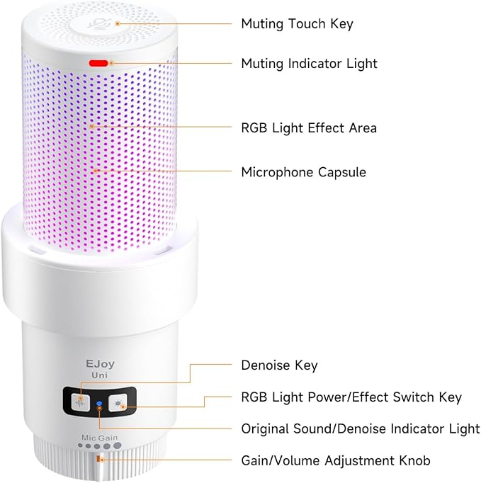 COMICA Wireless USB Microphone for Computer and Smartphone,48kHz/24bit RGB Cardioid Condenser Gaming Mic for Podcasting,Streaming,Recording,with Desktop Stand-White(EJoy Uni Pro D)