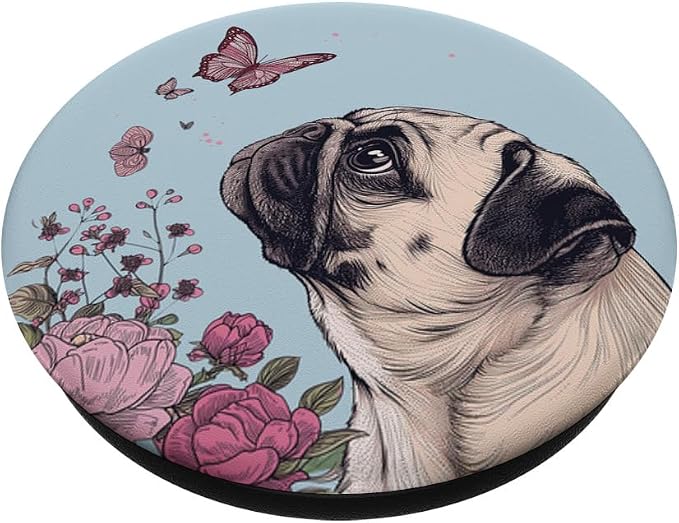 Pug Butterfly Cute Dog Flowers Cute Pug PopSockets Adhesive PopGrip