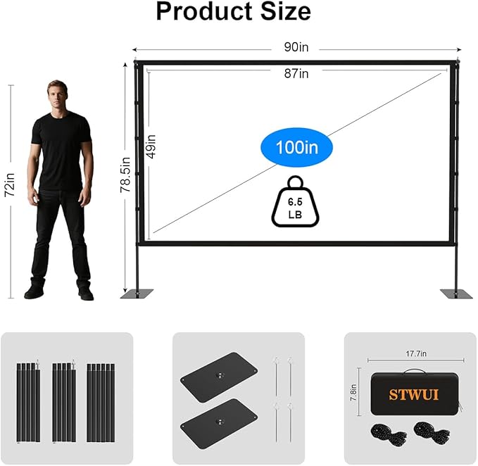 STWUI Projector Screen with Stand - 100 Inch Outdoor Projector Screen Portable Projector Screens 16:9 4K HD Outdoor Movie Screen with Carry Bag Can Enioy Home Theater Projection Screen