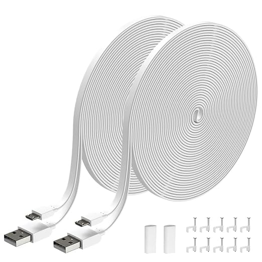 30FT Micro USB Charging Power Cord Compatible with Wyze Cam v3 Kasa Cam Nest CamBlink Arlo Essential YI Cloud Cam Flat Power Extension Cable for Security Cam-2 Pack