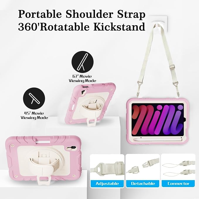 for iPad mini 7 A17 Pro/iPad mini 6 8.3 Inch Case iPad mini 7th/6th Generation Case (2024/2021) with Pencil Holder/Kickstand Hand Strap/Shoulder Strap Black