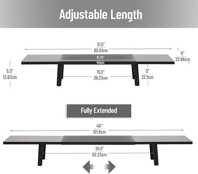 Mind Reader Extendable Monitor Stand, Adjustable Desktop Riser for Dual Monitors, Printers, Laptops, TV, 31.5–40 Inch Width, 88 lb Capacity, Metal and MDF Wood, Black