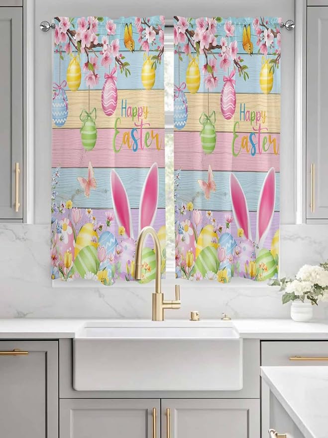 Colorful Easter Bedroom Curtains 63 Inches length, Spring Watercolor Bunny Egg