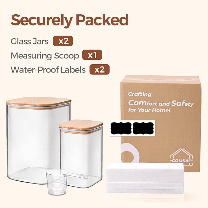 ComSaf Glass Food Storage Containers, 3.6Qt/1.2Qt Glass Flour and Sugar Containers with Airtight Lids, Large Square Jars with Bamboo Lids for Rice, Pasta, Oats, Grains, Cookies, Snacks, Candy