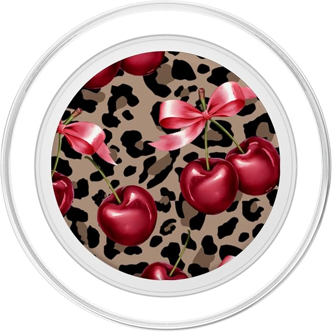 Brown Cheetah Valentine Girls Leopard Print Cherry And Bow PopSockets Adhesive PopGrip