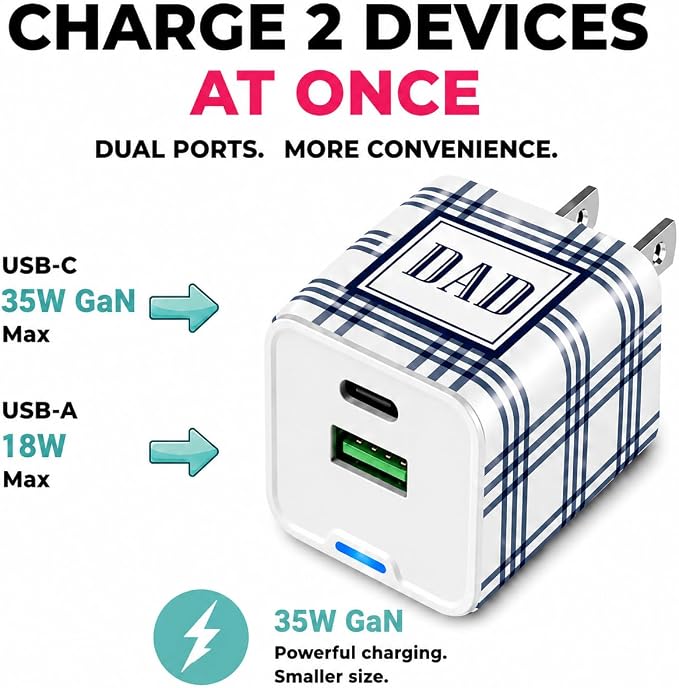 Classy Chargers DAD 20W GaN Fast Charger Gift Set Dual USB-C &amp USB-A Wall Adapter with Universal 3-in-1 Charging Cable for Man (Golf Dad)
