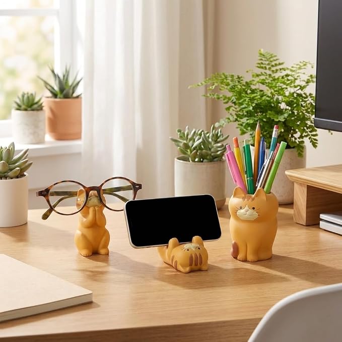 3 PS Cat Shaped Phone Holder and Eyeglass Frame with Pen Holder Animal Resin Gift for cat Enthusiasts Home and Office Fashion Accessories-Brown