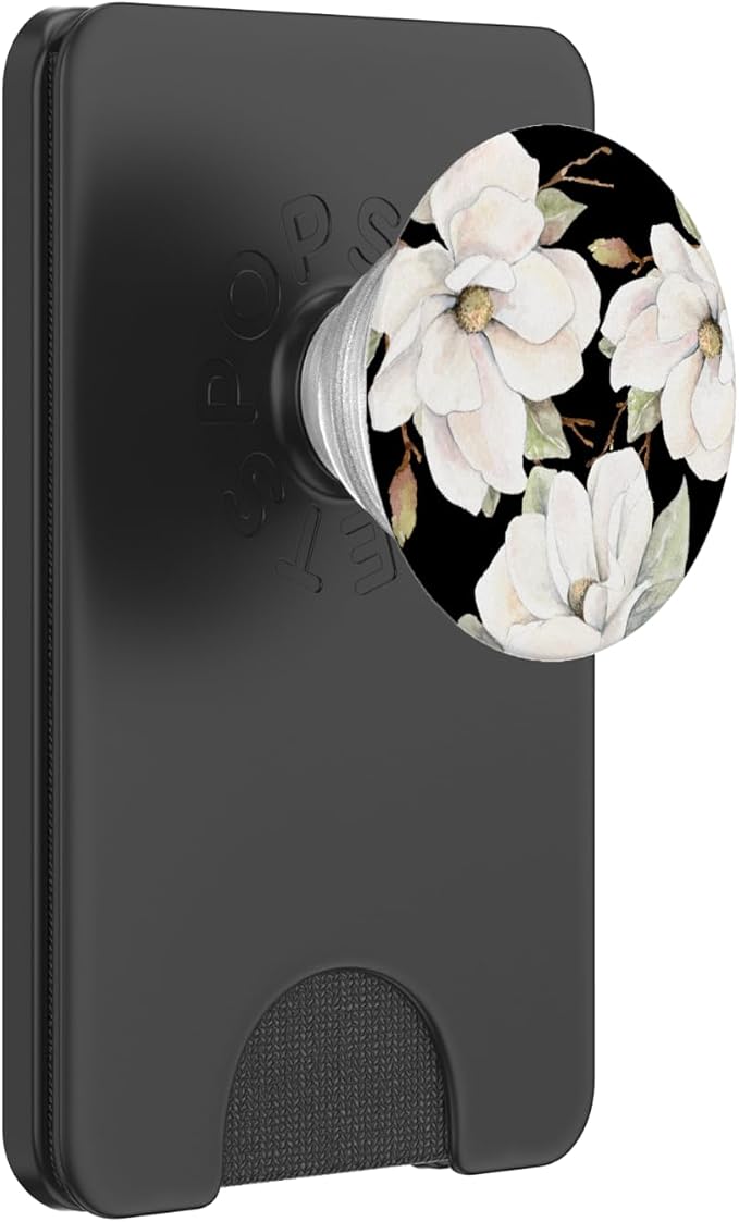 White Magnolias Floral Pattern on a Black Background PopSockets Adhesive PopGrip