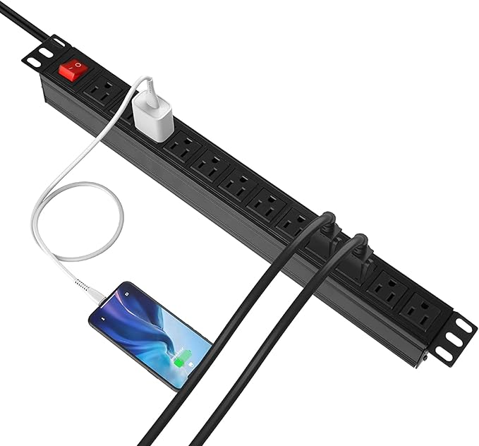 BTU Power Surge Protector Rack-Mount PDU, 12 Outlet Power Strip with Switch, Metal Mountable Heavy Duty for Server Racks, Garage Shop, Industrial Commercial (Black 10FT)