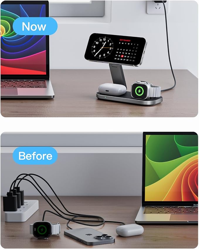 3-in-1 Charging Station for Apple Device Foldable Magnetic Wireless Fast Charger Stand Compatible with MagSafe for iPhone 17e/17/16/15/14/13/12/Air Series Apple Watch &amp AirPods-Black