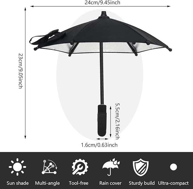 Mini Clip-on Phone Umbrella for Sun Flexible Adjustable Handle Cell Phone Umbrellas Sun Shade Protects from Sunlight and Glare Universal Fit for All Smartphones Black