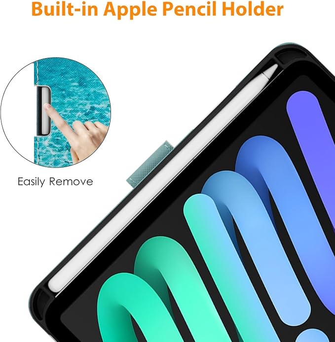 Case for iPad mini 7 A17 Pro &amp iPad mini 6 (2024/2021) Built-in Pencil Holder Premium PU Leather Folio Stand Smart Protective Cover Multi-Viewing Angles and Auto Wake/Sleep - Beach