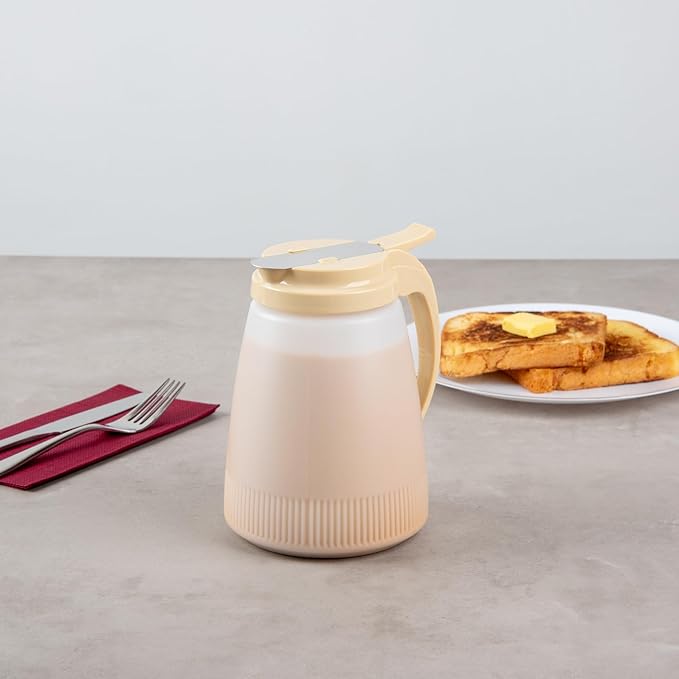 Restaurantware-Chef 101 48 Ounce All Purpose Syrup Dispenser, 1 Honey Dispenser - Beige Top, Stainless Steel Slide Cover, Plastic Pancake Syrup Bottle, Perfect For Diners, Restaurants, Home