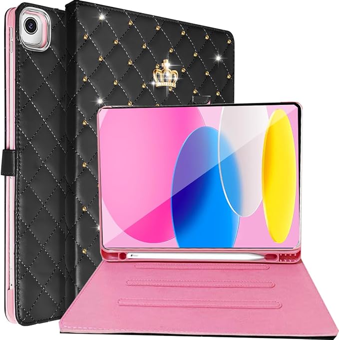 Changjia for iPad 9.7Inch 6th/5th Generation 2018/2017 CaseiPad air 2/Air with Pencil HolderCute Crown Girly Diamond Elegant PU Leather Smart Auto Sleep/Wake Stand Protective Case for iPad 9.7Black