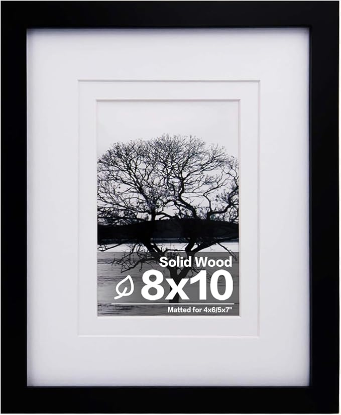 Egofine 8x10 Picture Frame Made of Solid Wood with Plexiglass, Display Pictures 4x6/5x7 with Mat or 8x10 Without Mat for Tabletop and Wall Mounting, Rustic Black