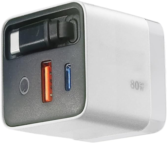 Charger Retractable Mobile Phone Charger Wall Plug with Expandable 80w Max Fast Charging Module Type-C Cable and 2 USB Ports for Mobile Phones Laptops