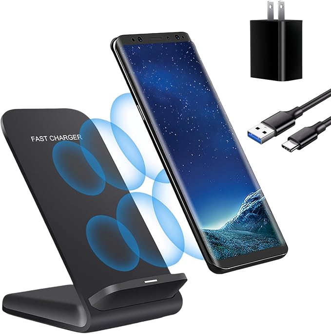 Wireless Charging Stand 20W Fast Charging Stand with QC3.0 Adapter for Samsung Galaxy S24/S24+/S24 Ultra/S23/S22/S21/S20/S10/Note for iPhone 15/15 Pro/15 Pro Max/14/14 Pro Max and More. (1 Pack)