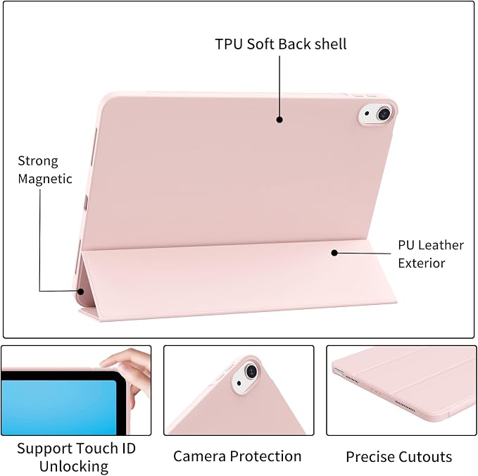 Case for iPad Air 11 Inch M4/M3/M2 iPad Air 5th/4th Gen 10.9 Inch | Soft TPU Back Shell &amp Slim Trifold Stand Cover without Pencil Holder Support Pencil Charging Auto Wake/Sleep Black