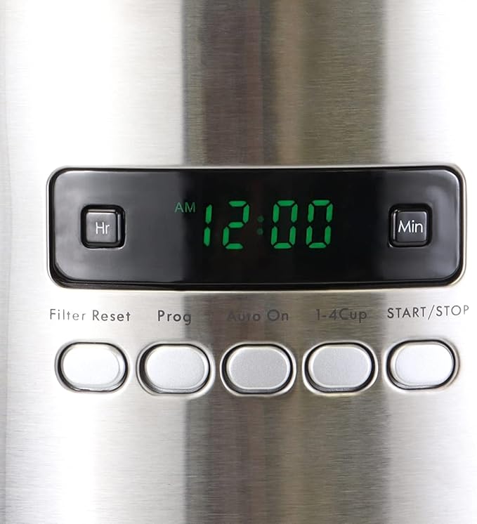Kenmore Coffee Maker 12 cup Drip Coffee Machine Reusable Filter Programmable Timer Digital Display Aroma Control Glass Carafe Charcoal Water Filter Regular Bold Stainless Steel and Black