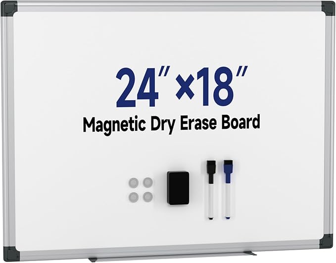 Magnetic White Board Hanging 24" x 18" for Wall, Dry Erase Board with Eraser, Markers, Magnets, Pen Tray, Silver Aluminum Frame for Home, Office, Students