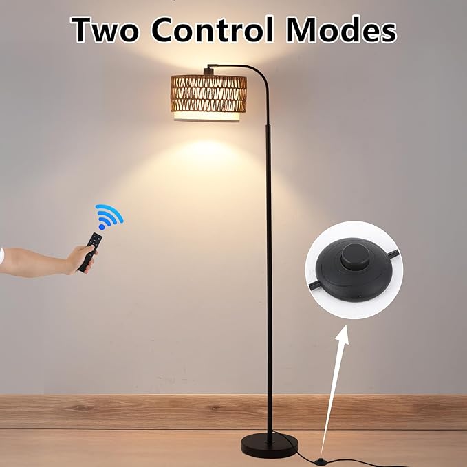Arc Floor Lamp for Living Room，Boho Standing Lamp with Rattan & Fabric Shades,Farmhouse Floor Lamps with Foot Switch，Adjustable Tall Lamp for Bedroom, Office,LED Bulb Included