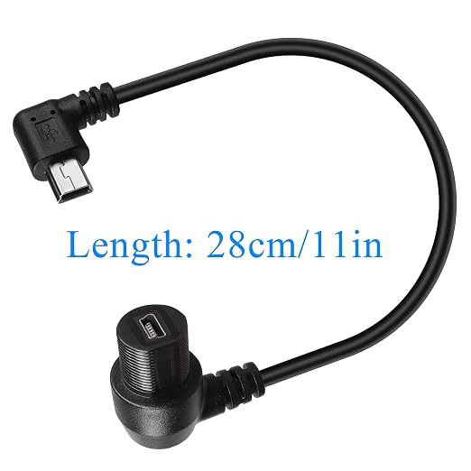 QIANRENON 90 Degree Angle Mini USB Panel Flush Waterproof Extension Cable Mini USB 5 Pin Right Angle Male to Female Panel Mount Cable Threaded to Dashboard or Panel28cm/11in (Down Bend)