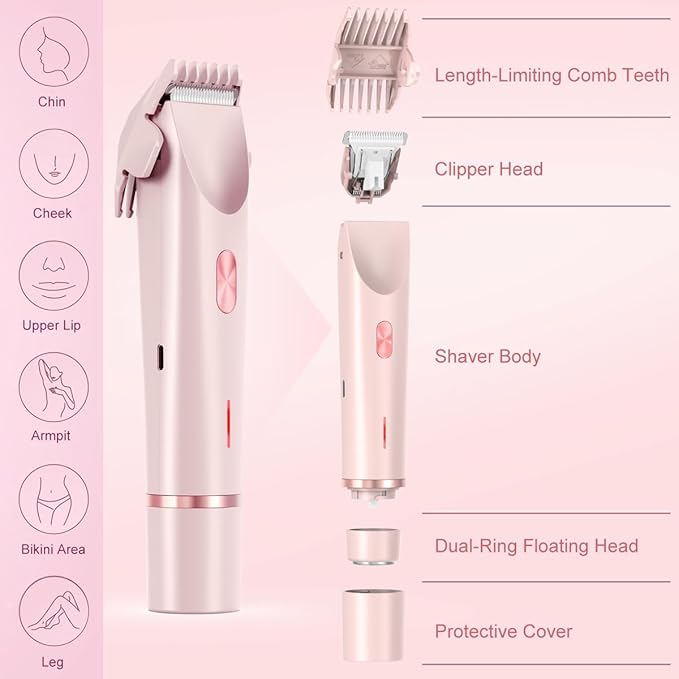 Bikini Trimmer for Women 2 in 1 Dual Head - IPX7 Waterproof Painless Electric Razors for Beauty, Pubic Hair, Face, Legs & Underarms– Portable Cordless Shaver with Fast Charging, Easy Cleaning (Pink)