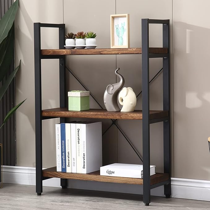 Natural Real Solid Wood Bookcase,3 Tier Metal and Wood Open Book Shelf Storage Farmhouse Wide Etagere Bookcase for Office Living Bedroom