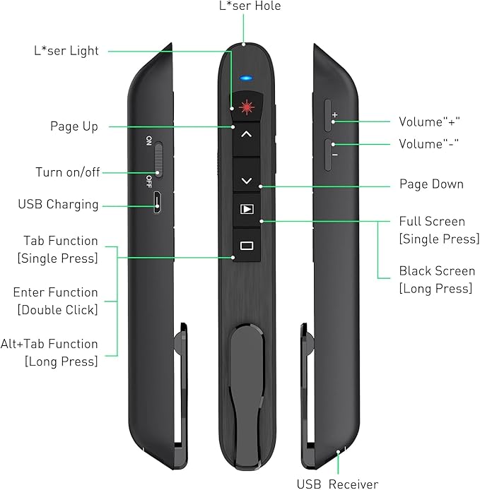 Presentation Clicker Green Laser Pointer, Rechargeable PowerPoint Clicker Wireless Presenter Remote, RF 2.4GHz USB Presentation Pointer Slide Advancer with Hyperlink Volume Control for Mac Computer