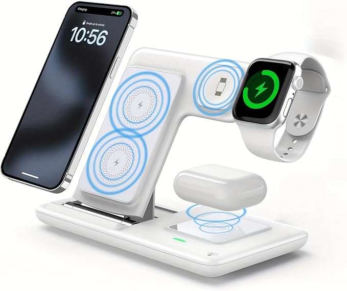 Foldable 3-in-1 Wireless Charging Station Fast Charging Stand Dock for Smart Watch Earbuds &amp Phone Magnetic Connection USB Powered