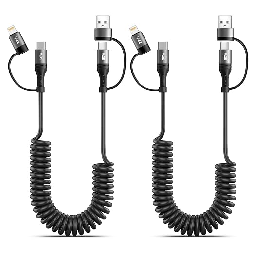 60W Coiled USB C CableiPhone Charger Cable for Car 2Pack 4FT [MFi Certified] Coiled Lightning Cable Fast Charging USB C to Lightning Cord for iPhone17/16/15/14/13/12/11 Series/iPad/MacBook/CarPlay