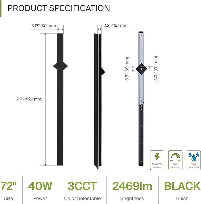 ASD LED 72" Long Wall Mount Light Fixture, Outdoor & Indoor Linear Sconce | 3CCT, Dimmable, Waterproof, Anti-Rust, ETL Listed | 40W 2400LM 3000-5000K 100-277V | Exterior Porch Lighting | Black