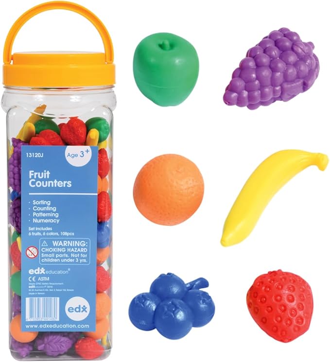 edxeducation Fruit Counters | Set of 108 | Math Manipulatives for Preschoolers | Color Sorting Sensory Toys | Counters for Kids Math and Language Skills