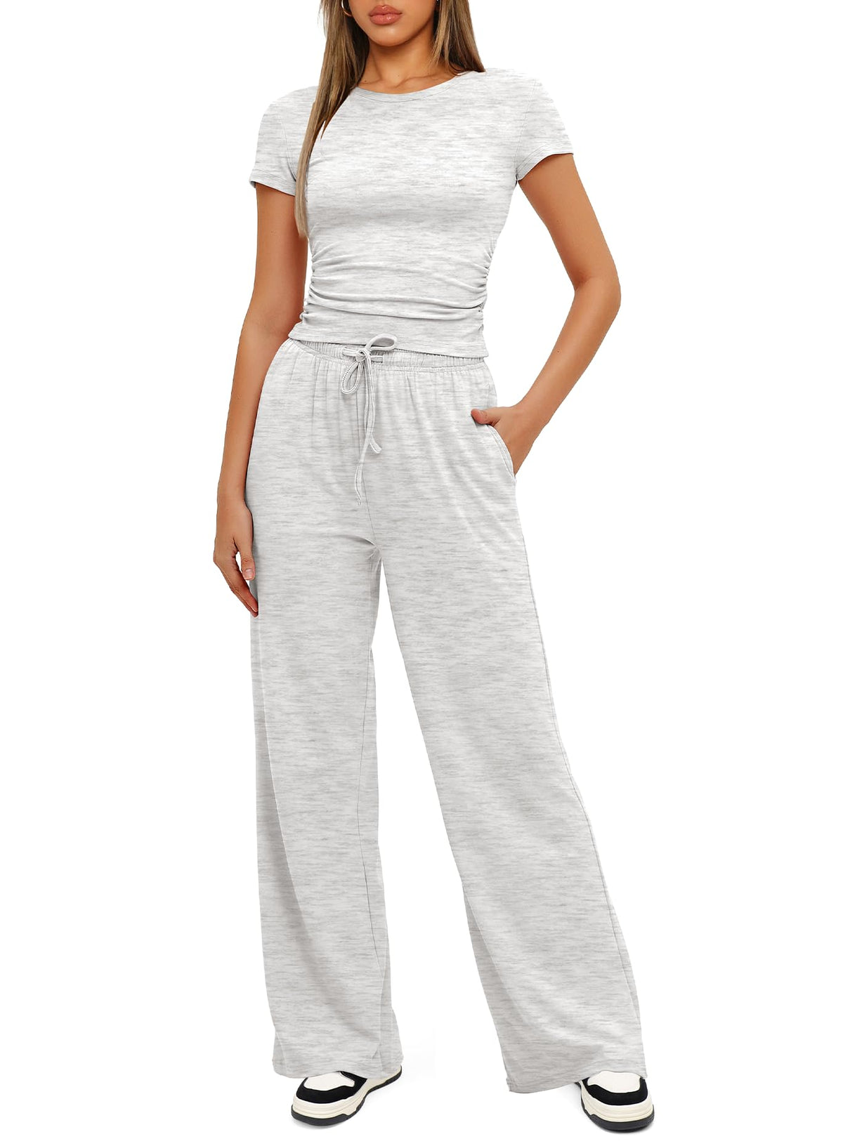Darong Women's 2 Piece Outfits Short Sleeve Lounge Sets 9042B Light Grey M