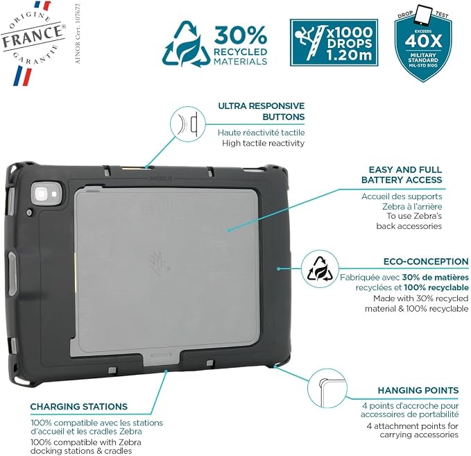 MOBILIS Rugged Case for Zebra Tablet ET40 ET45 Military Grade Shockproof Protective Cover Compatible with Zebra Accessories Recycled Materials Black 10