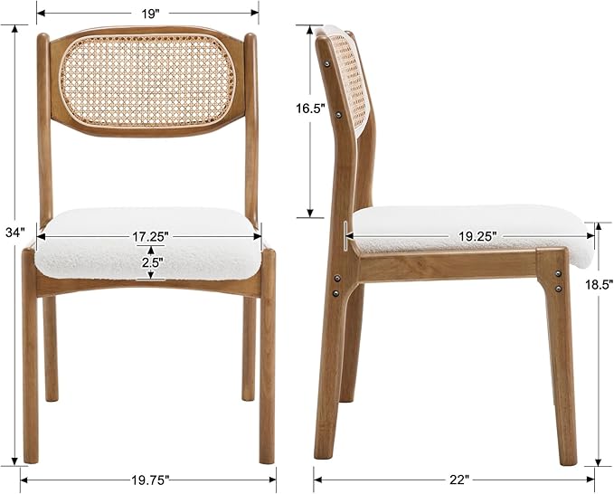 EALSON Mid Century Modern Rattan Dining Chairs Set of 4 Upholstered Sherpa Boucle Dining Room Chairs with Cane Back Farmhouse Kitchen Chairs Comfy Side Chairs with Hardwood Frame,Cream