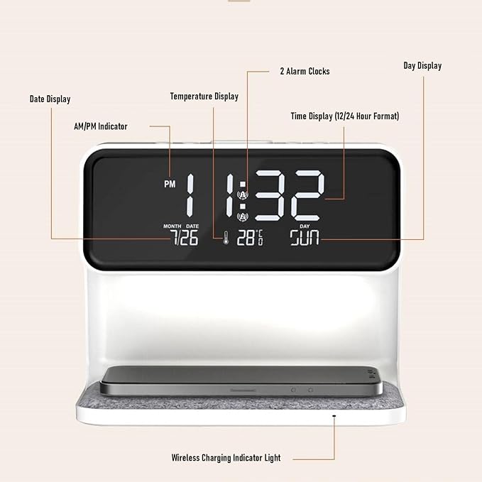 3 in 1 Wireless Charging Digital Alarm Clock with 15W Fast Charger Night Light Date Temperature Display for Bedroom Desk